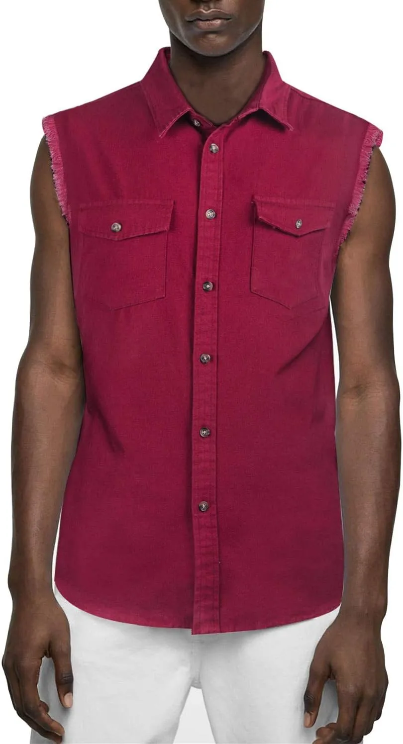 NUTEXROL Men's Sleeveless Denim/Cotton Shirt Biker Vest 2 Front Pockets