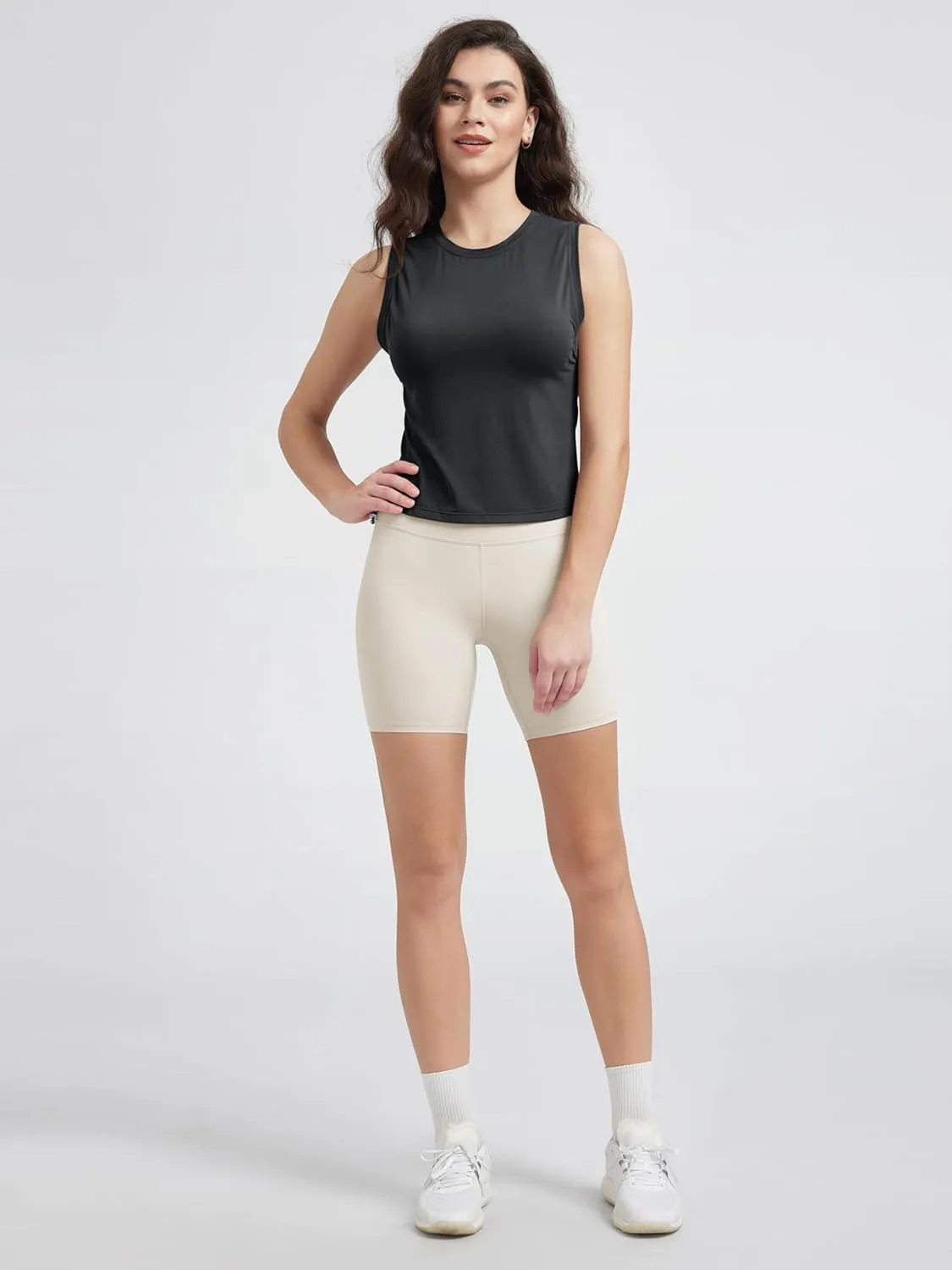 ODODOS Women's Side Ruched Muscle Tee PeachSoft Sleeveless Shirts Crew Neck Tank Tops