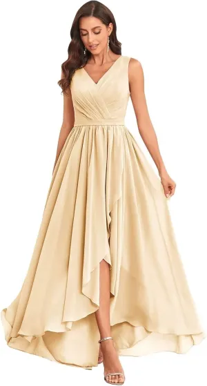 OFEYCHUN Women's High Low Chiffon Bridesmaids Dresses V Neck Pleated A Line Formal Party Dress