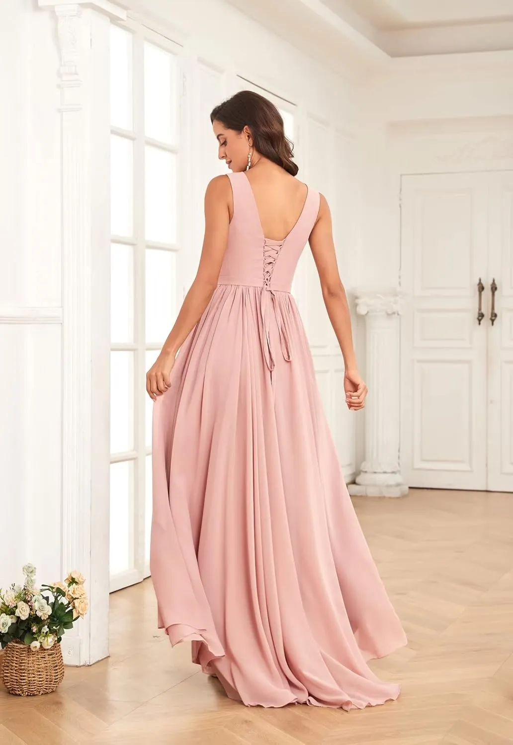 OFEYCHUN Women's High Low Chiffon Bridesmaids Dresses V Neck Pleated A Line Formal Party Dress