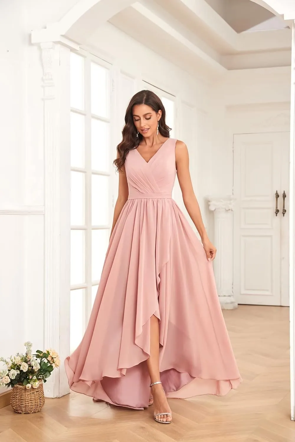 OFEYCHUN Women's High Low Chiffon Bridesmaids Dresses V Neck Pleated A Line Formal Party Dress