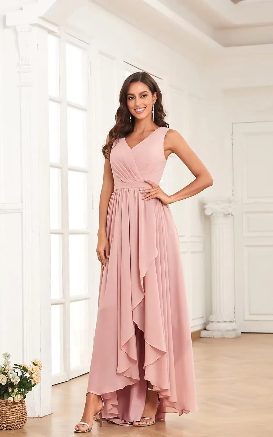 OFEYCHUN Women's High Low Chiffon Bridesmaids Dresses V Neck Pleated A Line Formal Party Dress