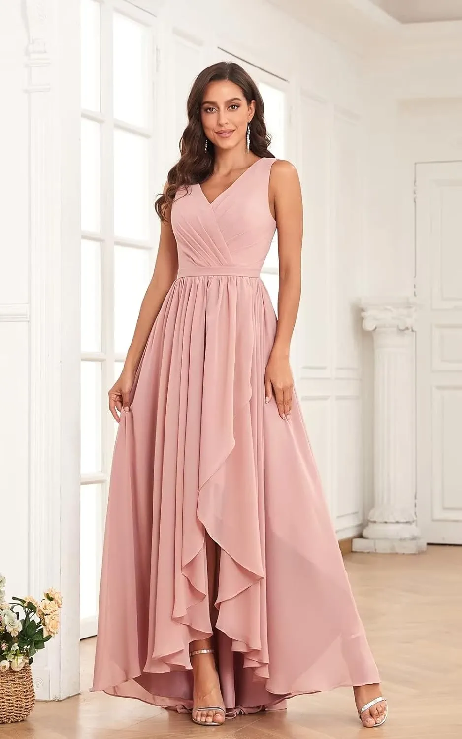 OFEYCHUN Women's High Low Chiffon Bridesmaids Dresses V Neck Pleated A Line Formal Party Dress