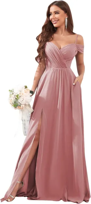 Off The Shoulder Bridesmaid Dresses for Women with Pockets Split Long Chiffon Formal Evening Dresses
