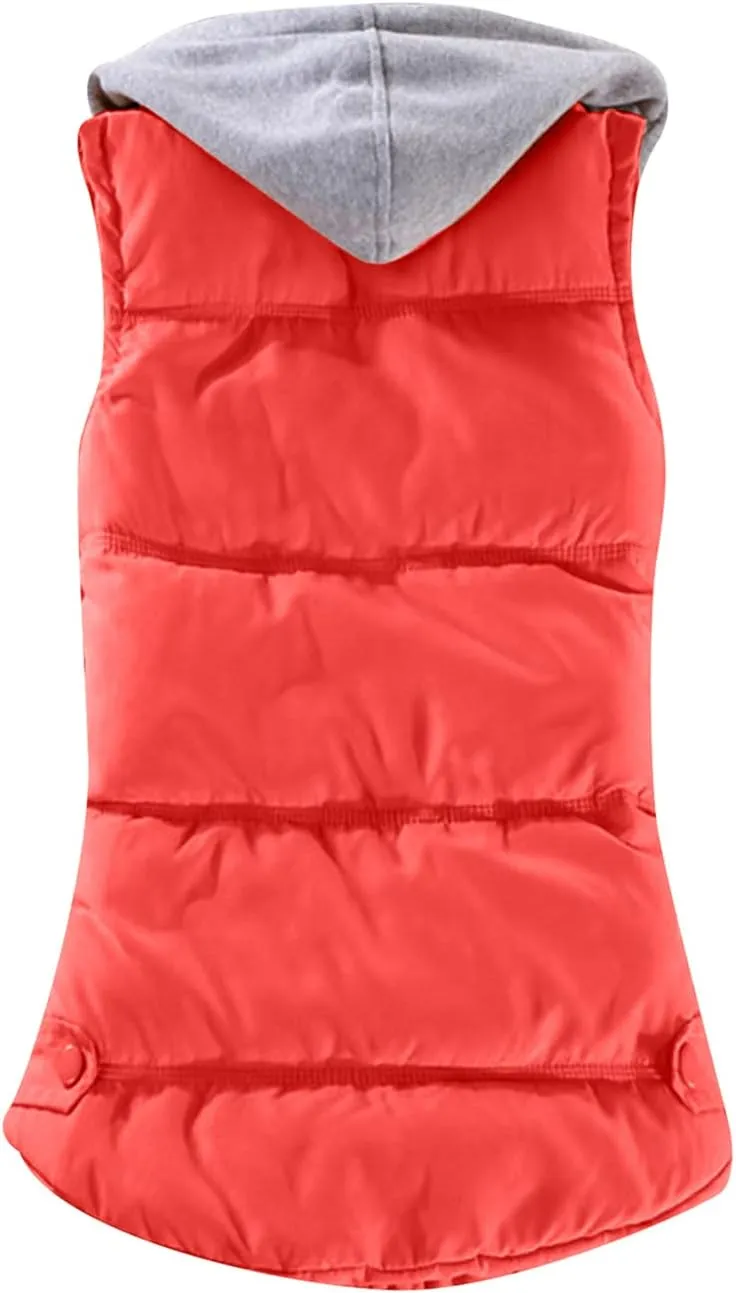 OMZIN Winter Hooded Vest Puffer Sleeveless Outwear Pockets Cotton Casual Vest