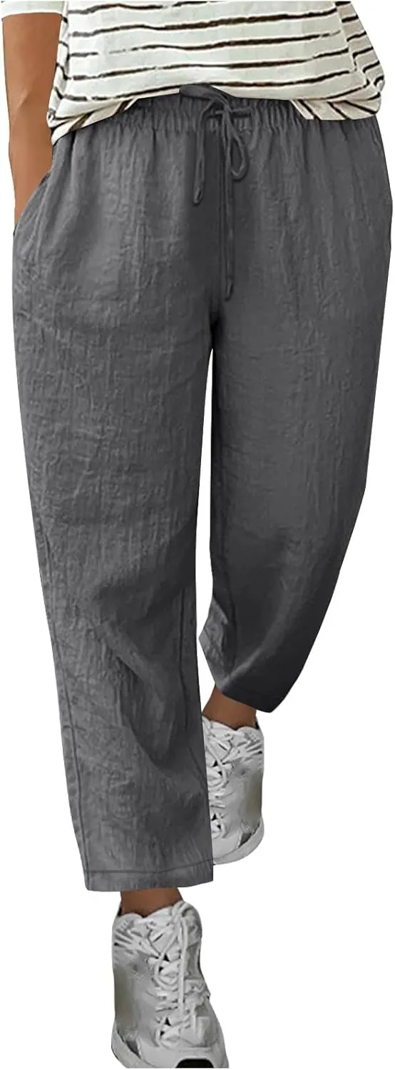 Oplxuo Womens Casual Cotton Linen High Waist Pants Drawstring Loose Fit Summer Pants Trousers with Side Pockets