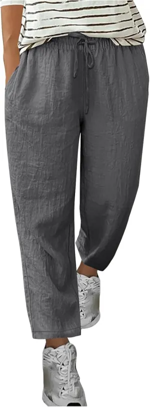 Oplxuo Womens Casual Cotton Linen High Waist Pants Drawstring Loose Fit Summer Pants Trousers with Side Pockets