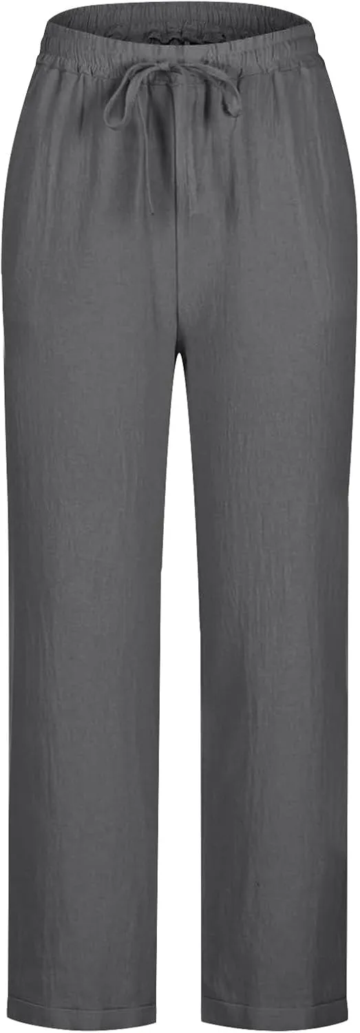 Oplxuo Womens Casual Cotton Linen High Waist Pants Drawstring Loose Fit Summer Pants Trousers with Side Pockets