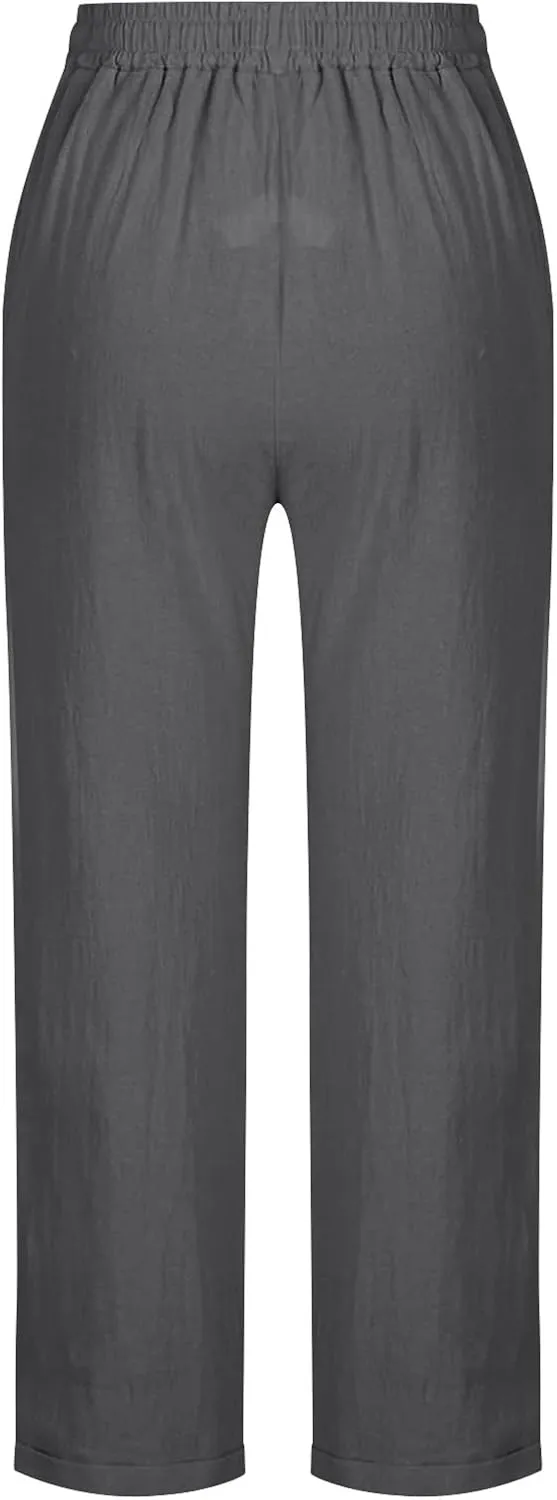Oplxuo Womens Casual Cotton Linen High Waist Pants Drawstring Loose Fit Summer Pants Trousers with Side Pockets