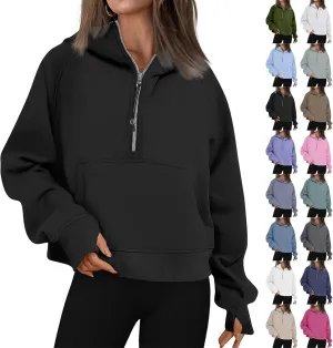 Oversized Hoodie Women Fleece Lined Thumb Hole Cropped Half Zip Sweatshirt Drop Shoulder Long Sleeve Going Out Tops