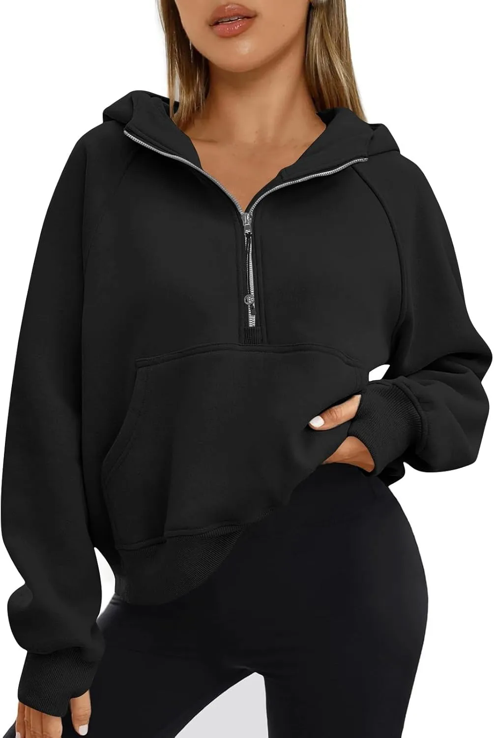 Oversized Hoodie Women Fleece Lined Thumb Hole Cropped Half Zip Sweatshirt Drop Shoulder Long Sleeve Going Out Tops