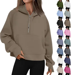 Oversized Hoodie Women Fleece Lined Thumb Hole Cropped Half Zip Sweatshirt Drop Shoulder Long Sleeve Going Out Tops