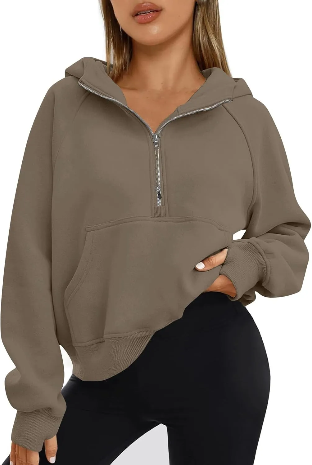 Oversized Hoodie Women Fleece Lined Thumb Hole Cropped Half Zip Sweatshirt Drop Shoulder Long Sleeve Going Out Tops