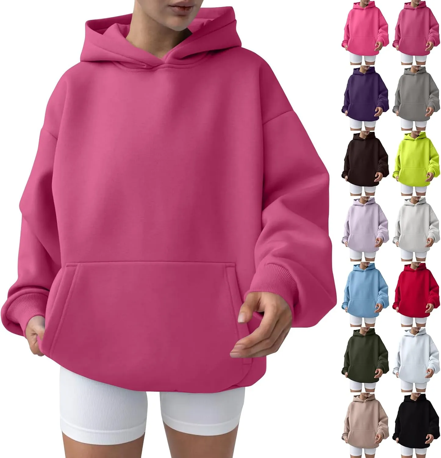 Oversized Hoodie Women Lantern Sleeve Fleece Lined Crewneck Sweatshirt Loose Fit Drop Shoulder Hooded Pullover