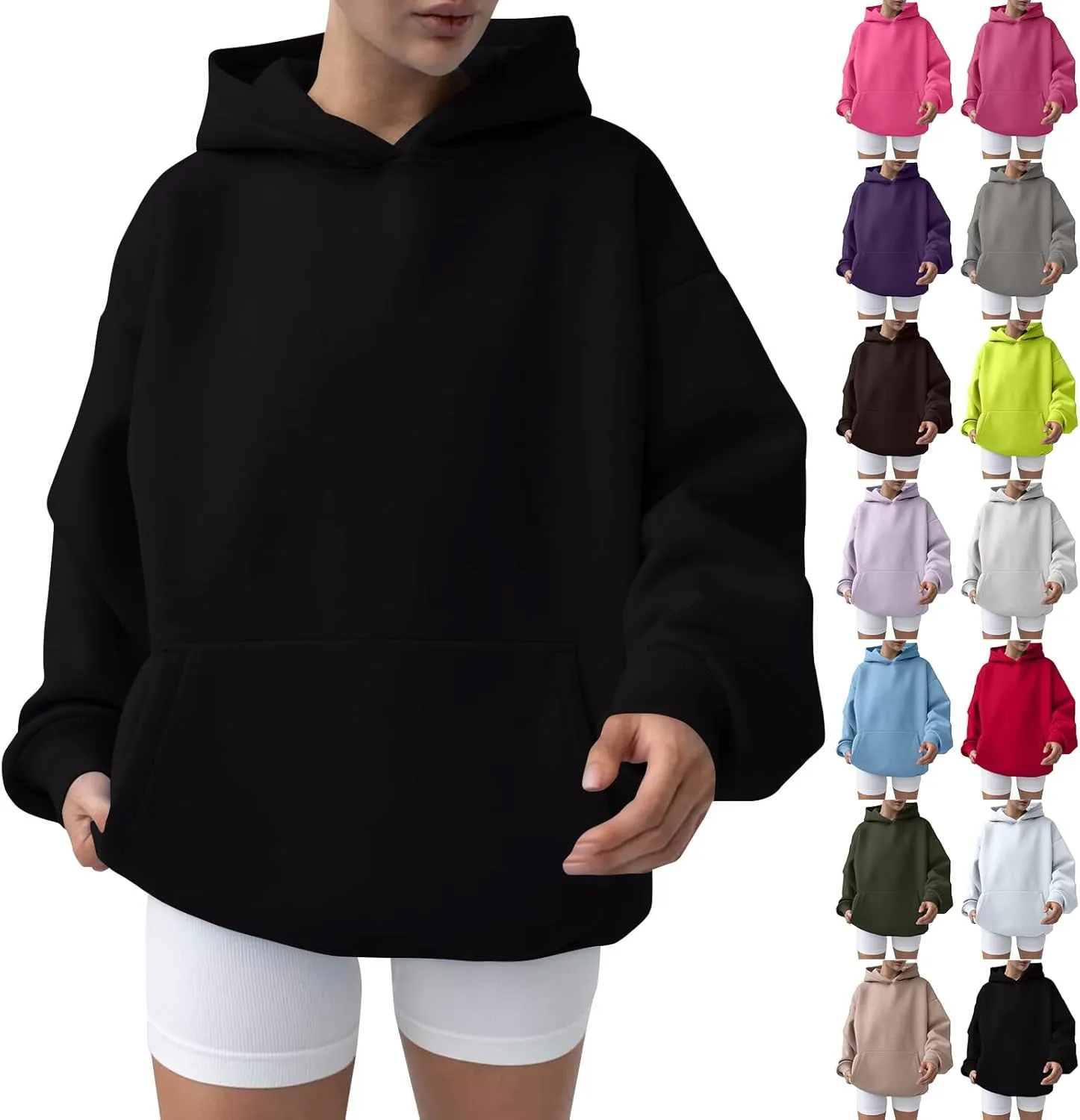 Oversized Hoodie Women Lantern Sleeve Fleece Lined Crewneck Sweatshirt Loose Fit Drop Shoulder Hooded Pullover
