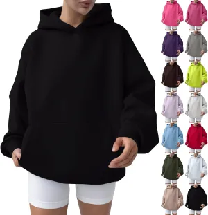 Oversized Hoodie Women Lantern Sleeve Fleece Lined Crewneck Sweatshirt Loose Fit Drop Shoulder Hooded Pullover