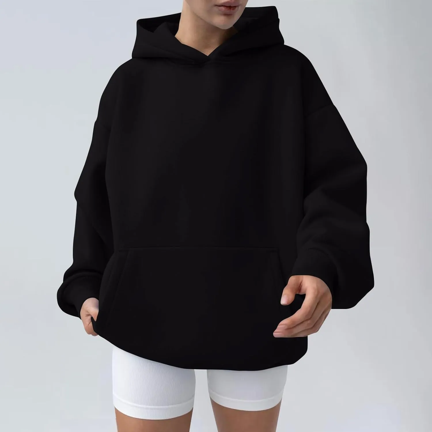 Oversized Hoodie Women Lantern Sleeve Fleece Lined Crewneck Sweatshirt Loose Fit Drop Shoulder Hooded Pullover