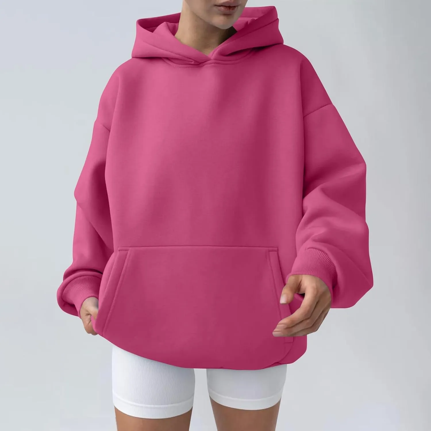Oversized Hoodie Women Lantern Sleeve Fleece Lined Crewneck Sweatshirt Loose Fit Drop Shoulder Hooded Pullover