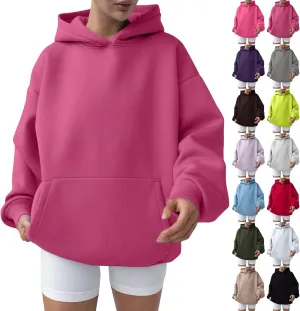 Oversized Hoodie Women Lantern Sleeve Fleece Lined Crewneck Sweatshirt Loose Fit Drop Shoulder Hooded Pullover
