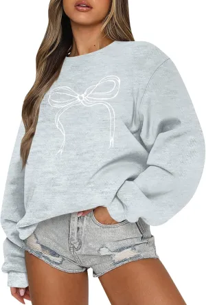 Oversized Sweatshirt for Women Fleece Bow Print Crewneck Sweatshirts Long Sleeve Drop Shoulder Comfy Cotton Pullover