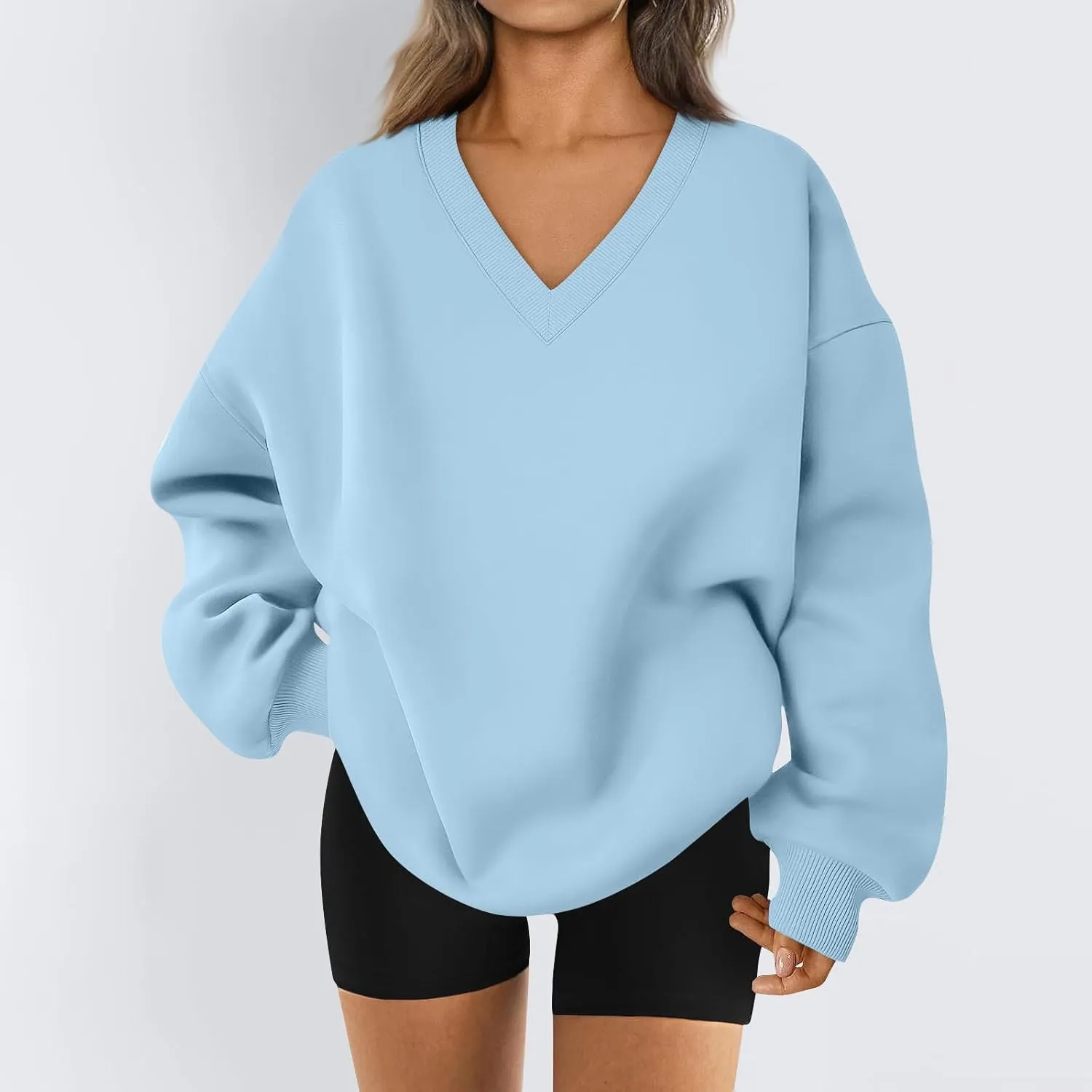 Oversized Sweatshirt for Women Fleece Hoodies Pullover V Neck Long Sleeve Shirts Sweatshirt No Hood Loose Fitting Tops
