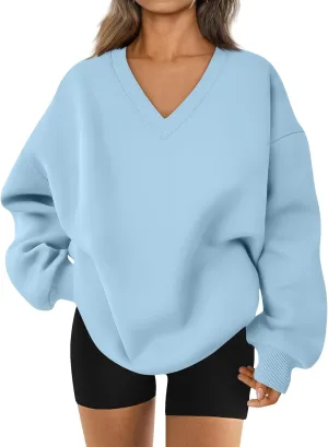 Oversized Sweatshirt for Women Fleece Hoodies Pullover V Neck Long Sleeve Shirts Sweatshirt No Hood Loose Fitting Tops