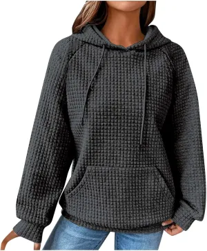 Oversized Waffle Knit Hoodie Sweatshirts for Women Causal Fall Fashion Clothes Solid Drawstring Pullover Hoodies