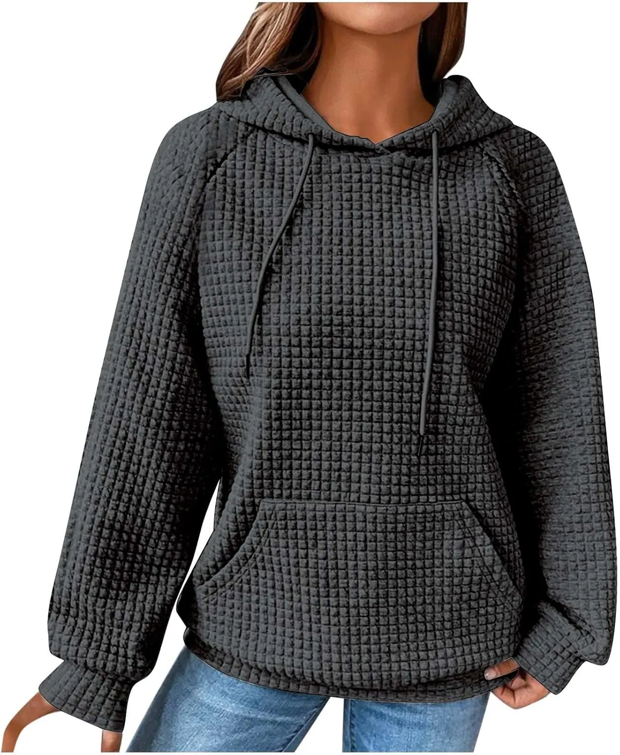 Oversized Waffle Knit Hoodie Sweatshirts for Women Causal Fall Fashion Clothes Solid Drawstring Pullover Hoodies