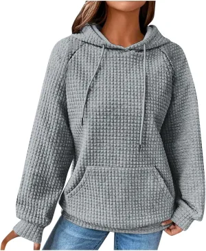 Oversized Waffle Knit Hoodie Sweatshirts for Women Causal Fall Fashion Clothes Solid Drawstring Pullover Hoodies