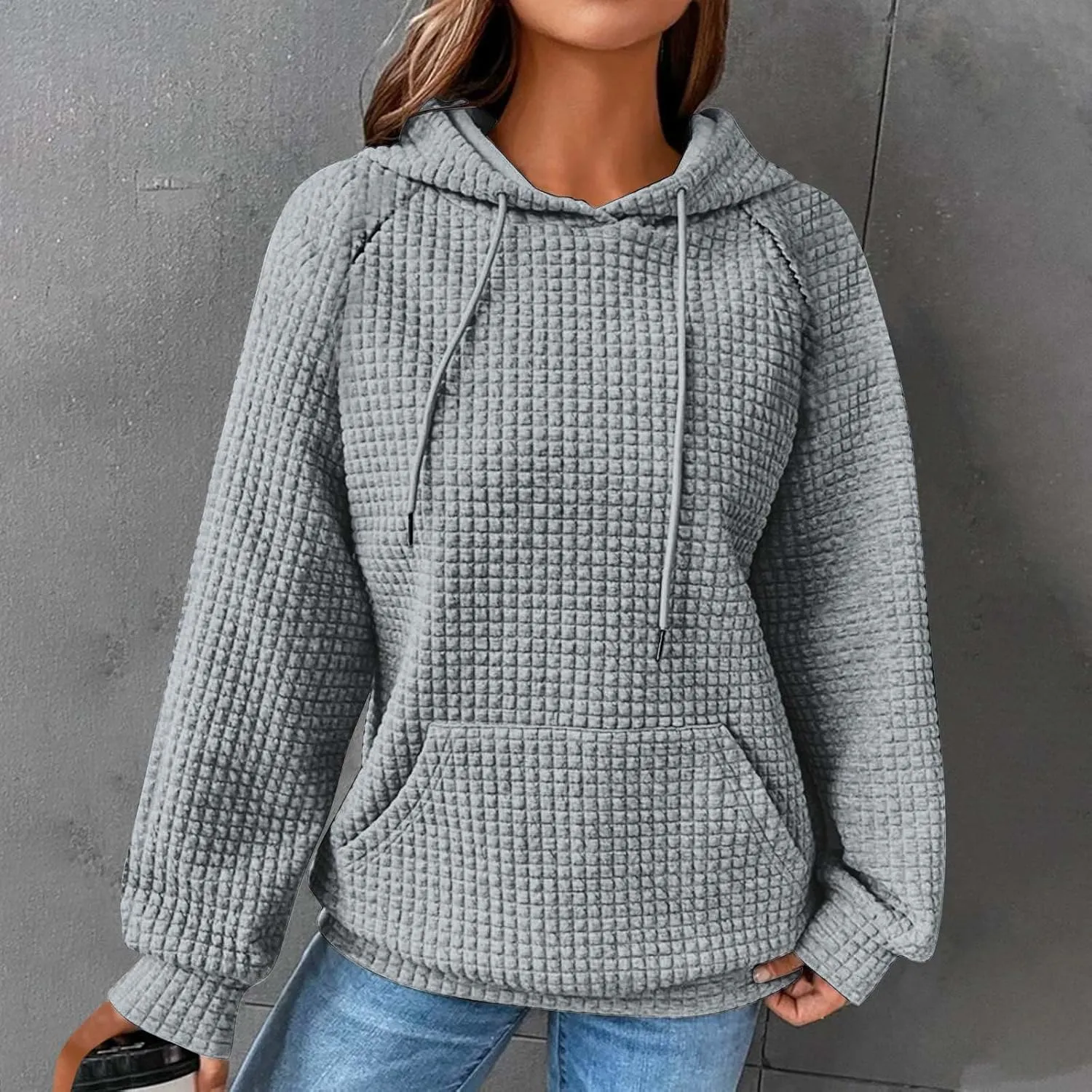 Oversized Waffle Knit Hoodie Sweatshirts for Women Causal Fall Fashion Clothes Solid Drawstring Pullover Hoodies