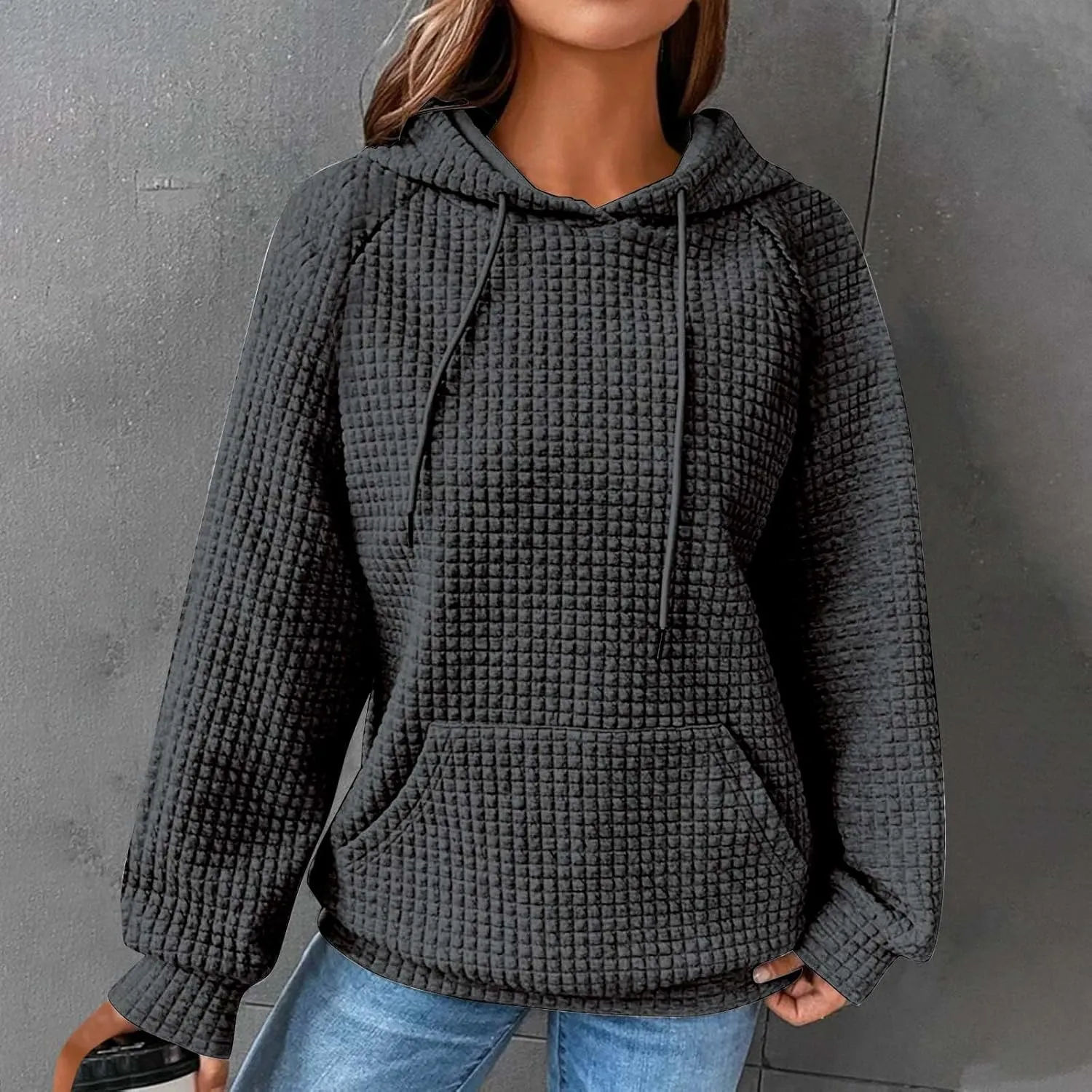 Oversized Waffle Knit Hoodie Sweatshirts for Women Causal Fall Fashion Clothes Solid Drawstring Pullover Hoodies
