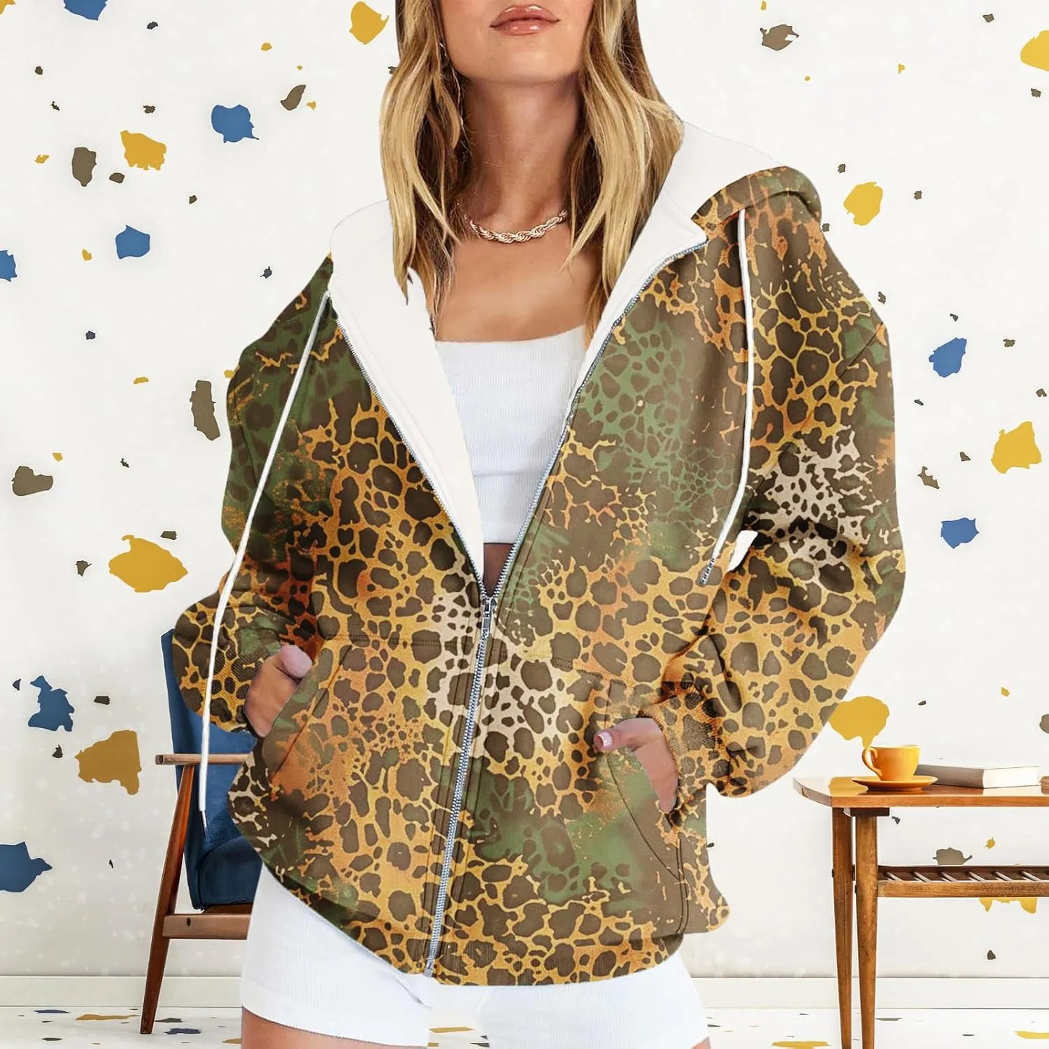 Oversized Zip Up Hoodie for Women 2024 Fall Trendy Graphic Sweatshirt Drawstring Jacket Coat with Pockets S-5XL