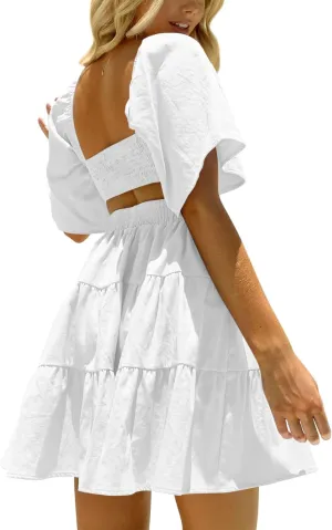 OWNGIGI Women's Summer Dresses Square Neck Short Sleeve Cutout Crossover Elastic Waist Casual Party A-Line Mini Dress