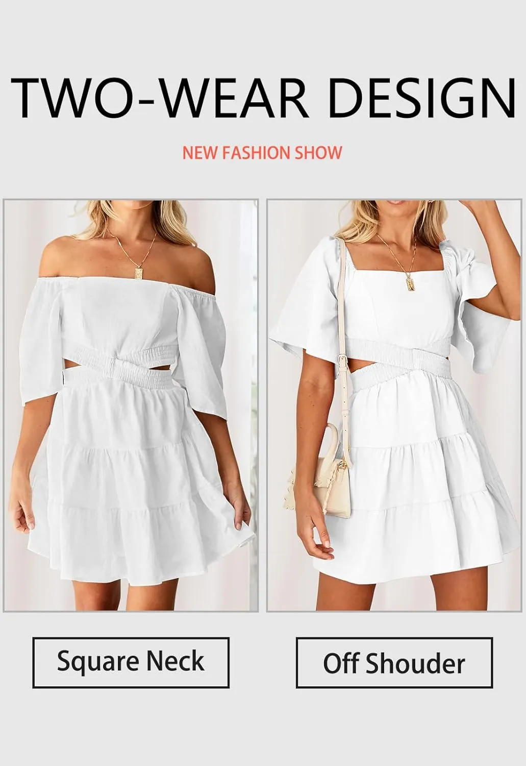 OWNGIGI Women's Summer Dresses Square Neck Short Sleeve Cutout Crossover Elastic Waist Casual Party A-Line Mini Dress