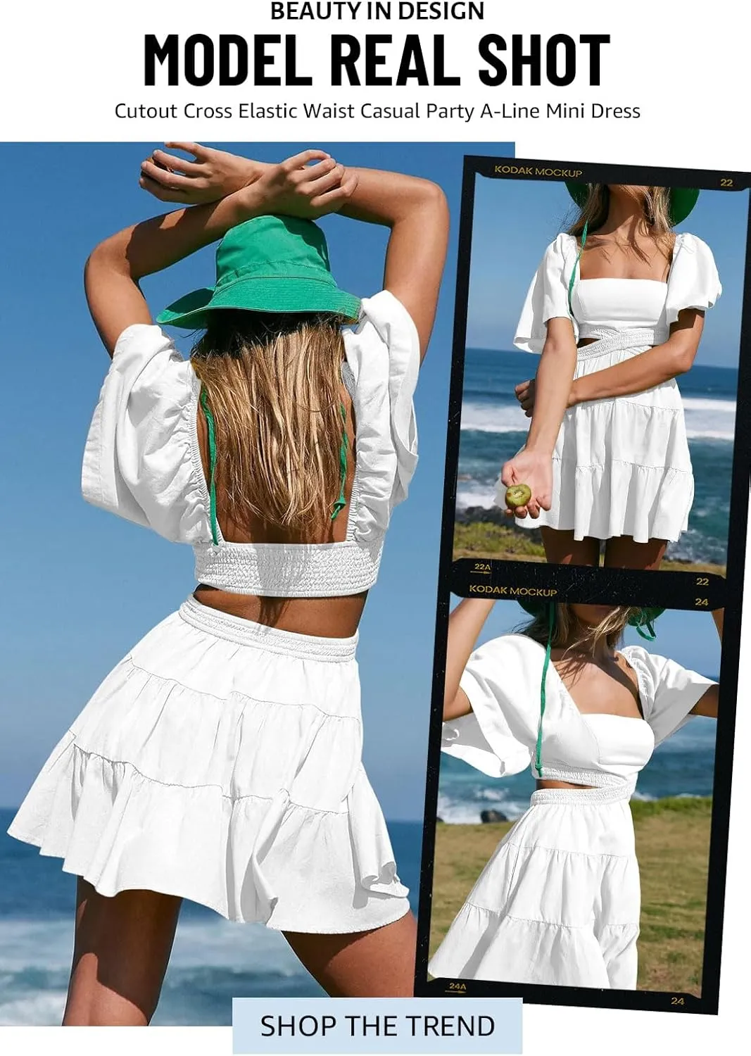OWNGIGI Women's Summer Dresses Square Neck Short Sleeve Cutout Crossover Elastic Waist Casual Party A-Line Mini Dress