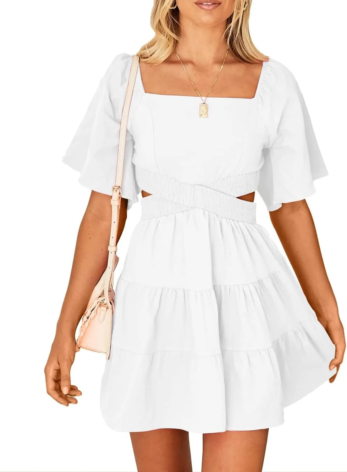 OWNGIGI Women's Summer Dresses Square Neck Short Sleeve Cutout Crossover Elastic Waist Casual Party A-Line Mini Dress