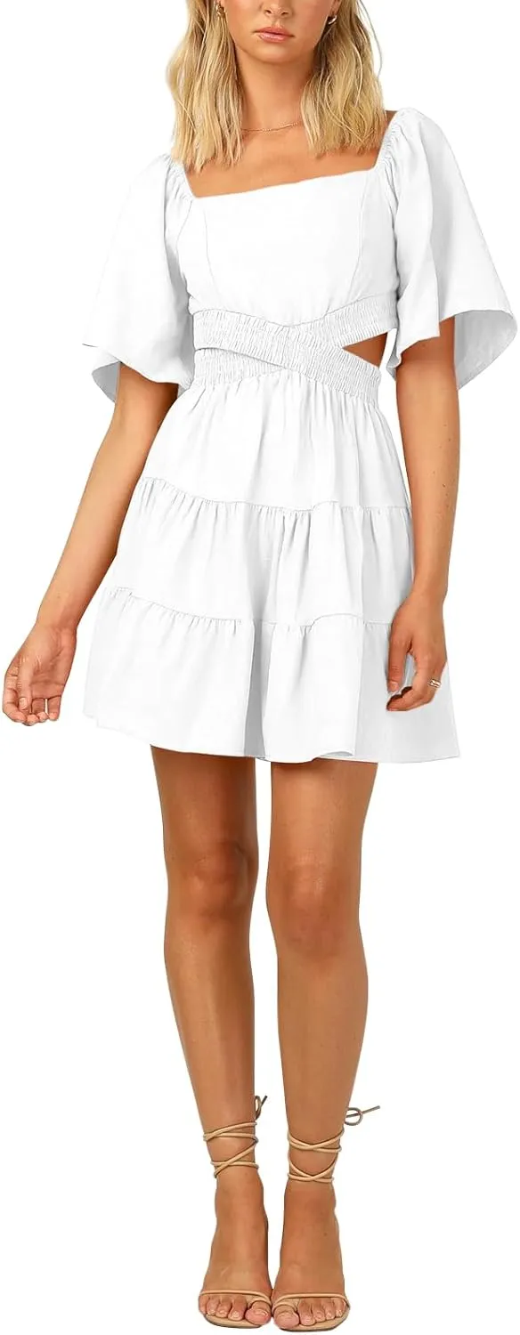 OWNGIGI Women's Summer Dresses Square Neck Short Sleeve Cutout Crossover Elastic Waist Casual Party A-Line Mini Dress