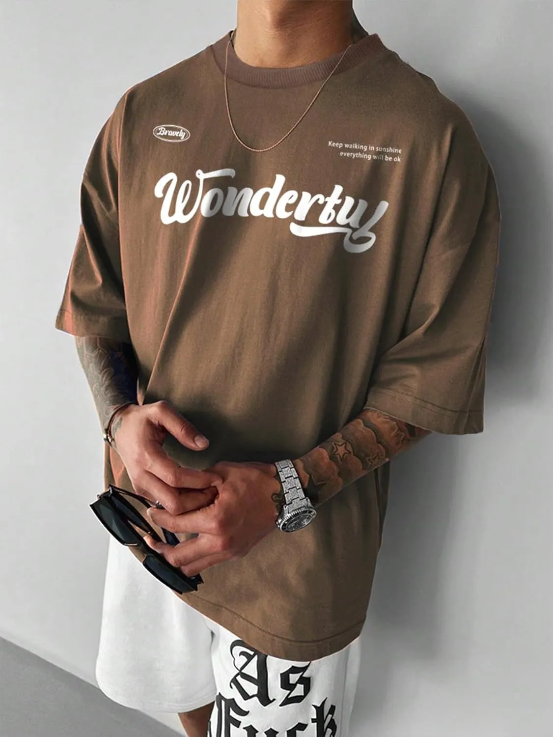 OYOANGLE Men's Oversized Graphic Print Short Sleeve Round Neck Streetwear Tee Shirt Tops