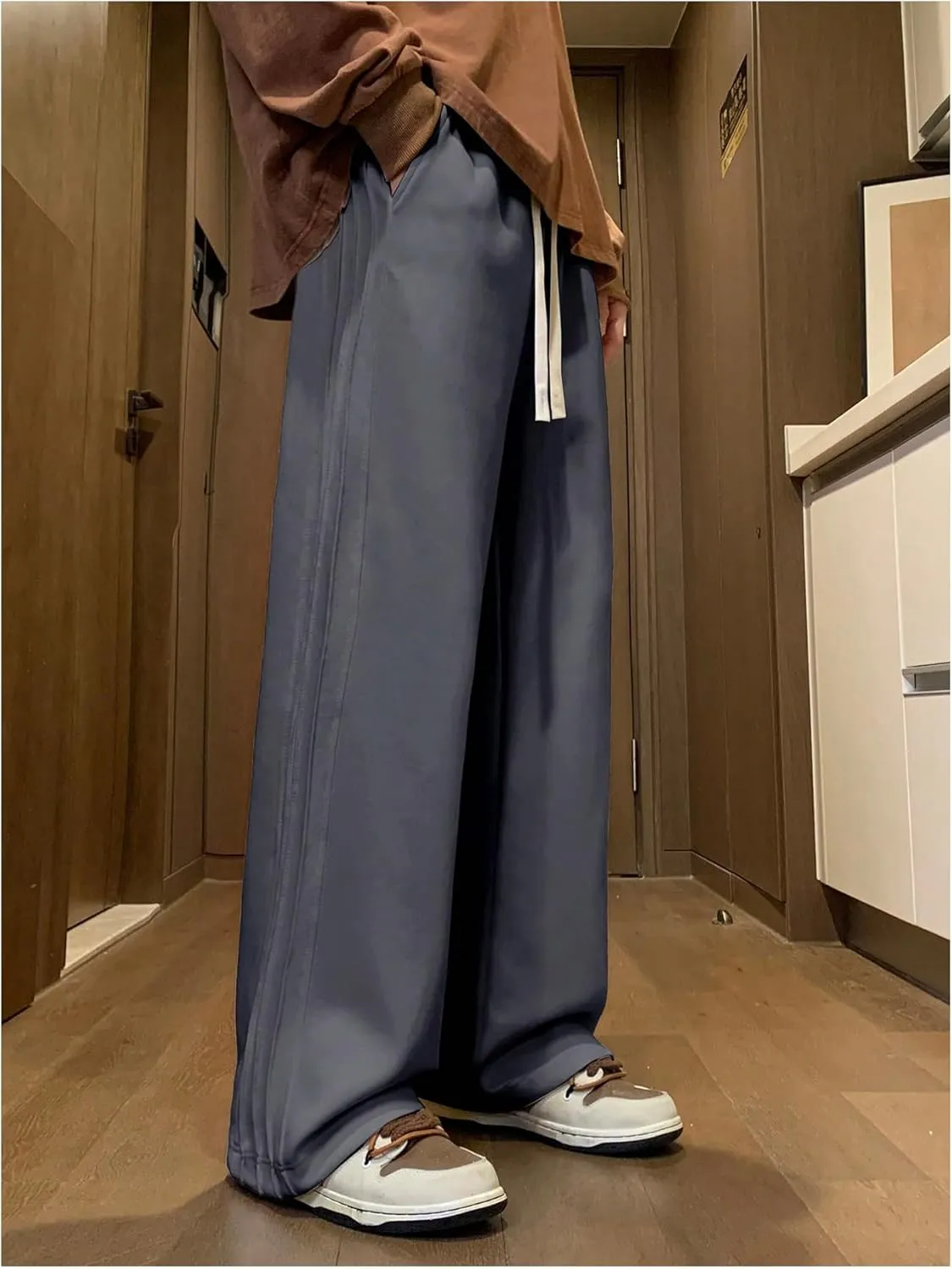 OYOANGLE Men's Textured Elastic Drawstring Waist Straight Leg Pants Casual Track Pants Sweatpants