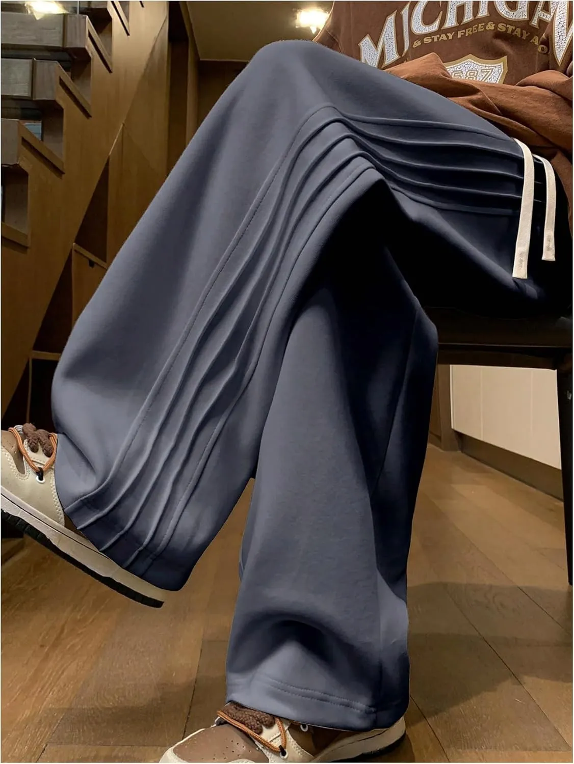 OYOANGLE Men's Textured Elastic Drawstring Waist Straight Leg Pants Casual Track Pants Sweatpants
