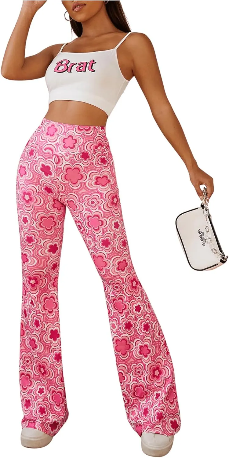 OYOANGLE Women's Floral Print High Waist Yoga Pants Wide Leg Pants Bell Bottom Trousers