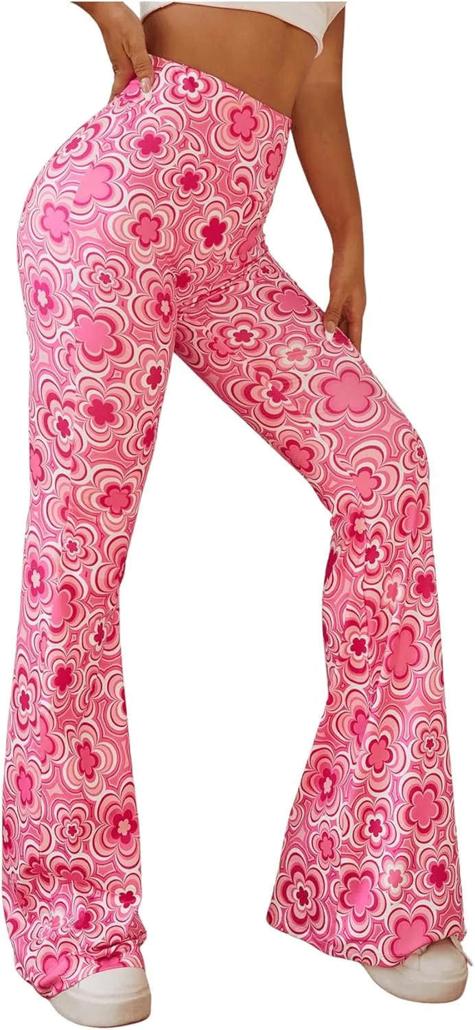 OYOANGLE Women's Floral Print High Waist Yoga Pants Wide Leg Pants Bell Bottom Trousers