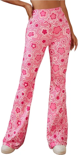 OYOANGLE Women's Floral Print High Waist Yoga Pants Wide Leg Pants Bell Bottom Trousers