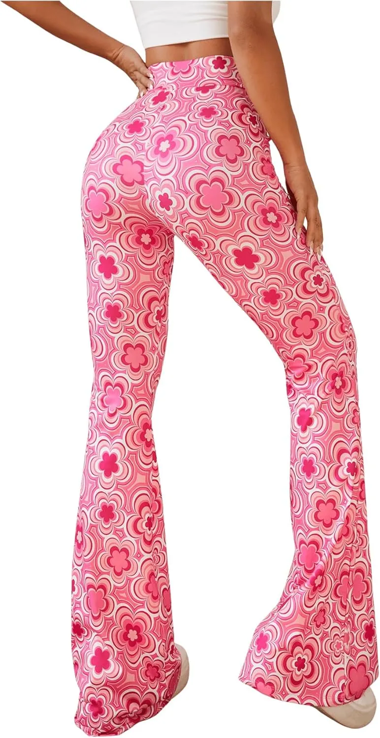 OYOANGLE Women's Floral Print High Waist Yoga Pants Wide Leg Pants Bell Bottom Trousers