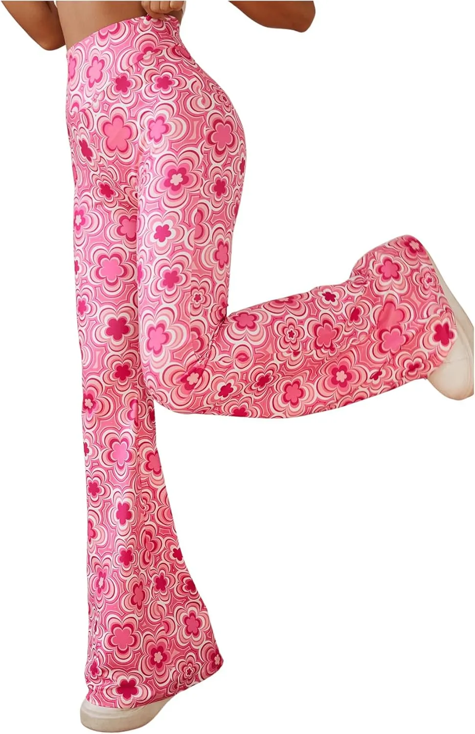 OYOANGLE Women's Floral Print High Waist Yoga Pants Wide Leg Pants Bell Bottom Trousers