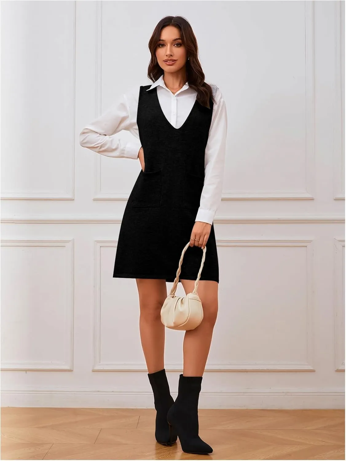 OYOANGLE Women's V Neck Sleeveless Knitted Solid Short Sweater Dress with Pockets