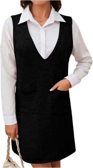 OYOANGLE Women's V Neck Sleeveless Knitted Solid Short Sweater Dress with Pockets