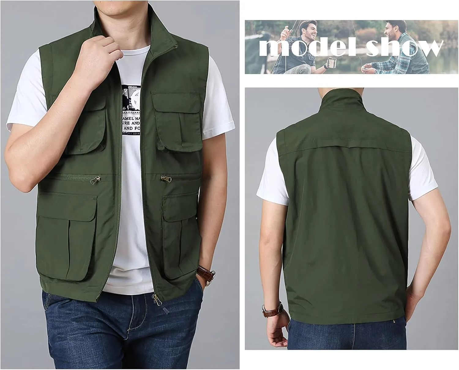 Panegy Men's Summer Cargo Utility Vest Multi Pockets Sleeveless Jacket for Fishing Travel Photo XS-4XL