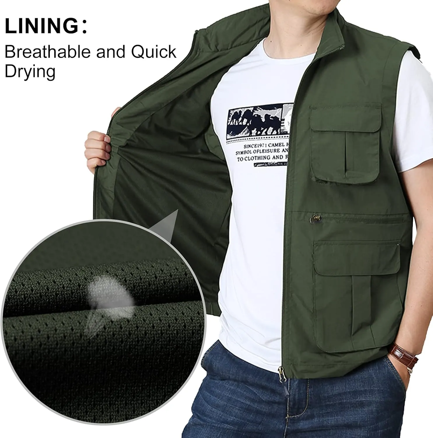 Panegy Men's Summer Cargo Utility Vest Multi Pockets Sleeveless Jacket for Fishing Travel Photo XS-4XL