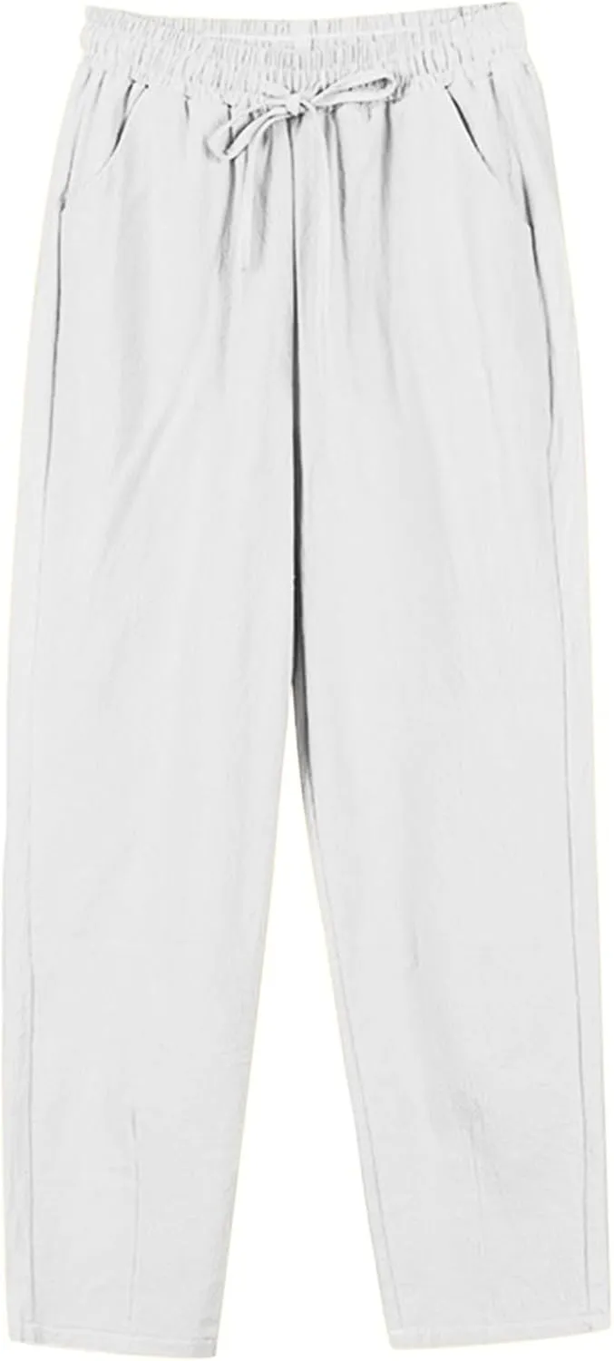 Pants for Women Cotton Linen Casual Summer 2025 Straight Wide Leg Loose Drawstring Elastic Waist Linen Trouser